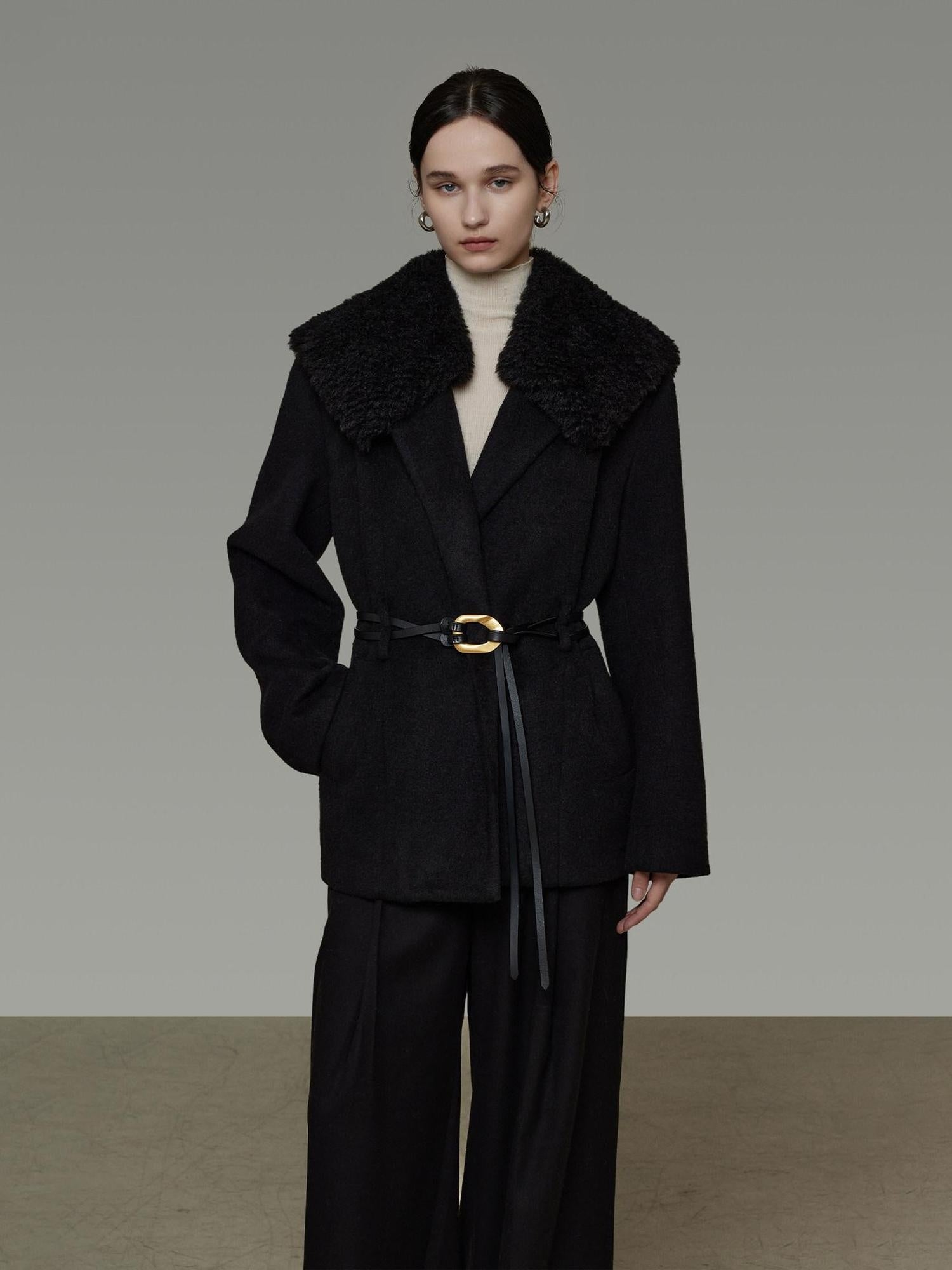 unspoken Fur Collar Thick Mid Length Loose Fit Minimalist Commuter Black Wool Long Coats