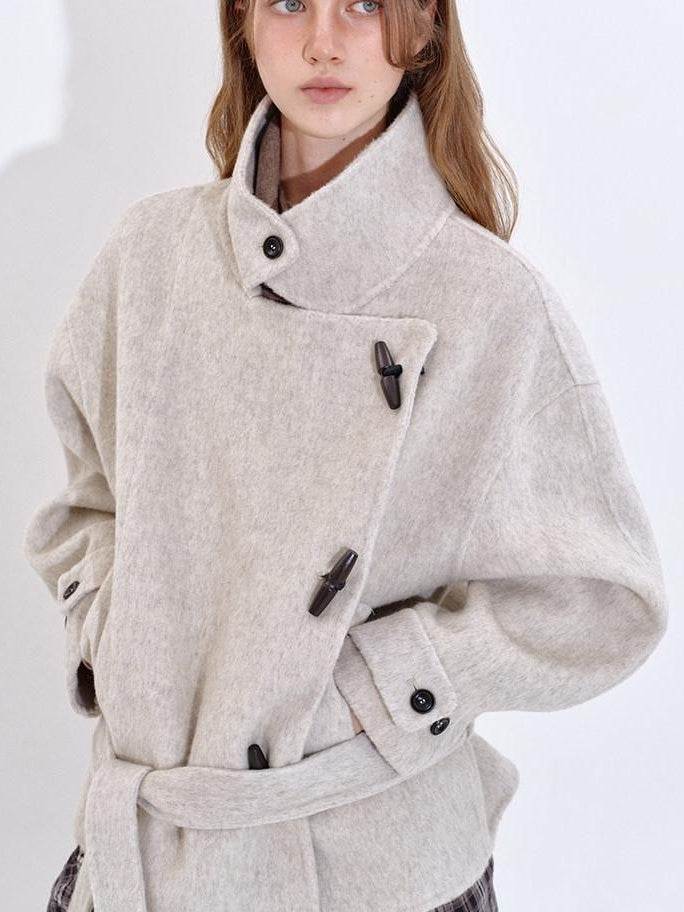 fano Wool Blend Korean Commuter Relaxed Fit Notched Collar Light Grey Short Coat