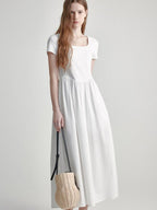 fano Cotton High Waist A Line Square Neck Short Sleeve Office Casual Maxi Dresses
