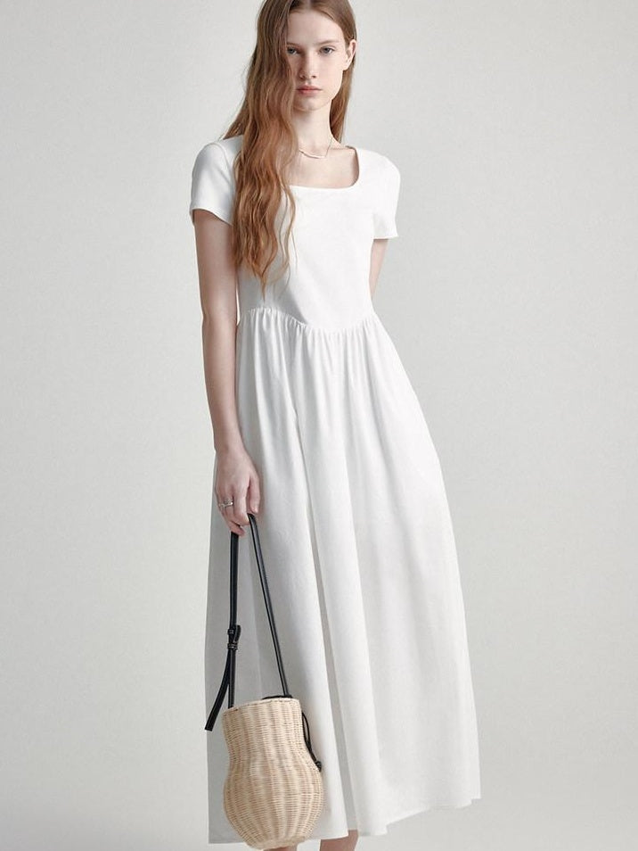 fano Cotton High Waist A Line Square Neck Short Sleeve Office Casual Maxi Dresses