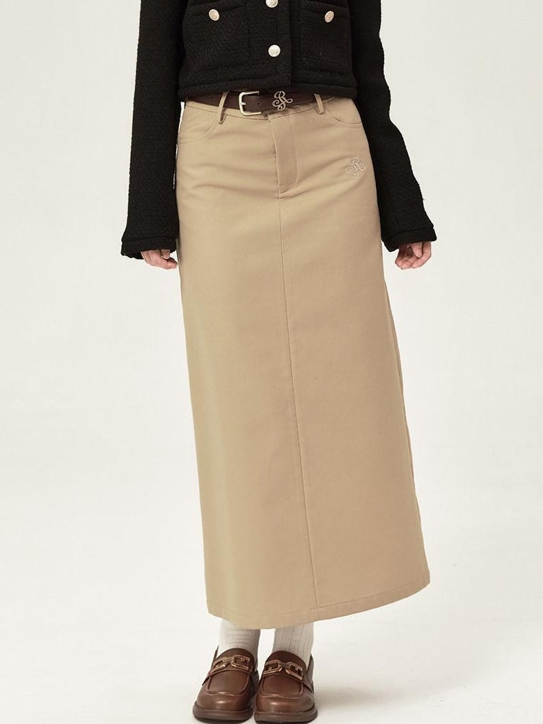 ikyou High Waist Embroidered A Line Minimal Office Midi Khaki Black Maxi Skirts