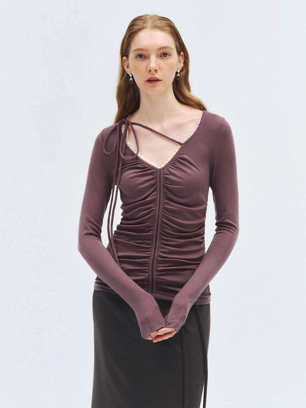 someonesometimes Lyocell Wool Slim Fit V-neck Knit Women Fig Purple Long Sleeve T-Shirts