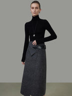 unspoken Wool Blend Lined Asymmetric Aline Mid Waist Minimal Workwear Women Midi Skirts