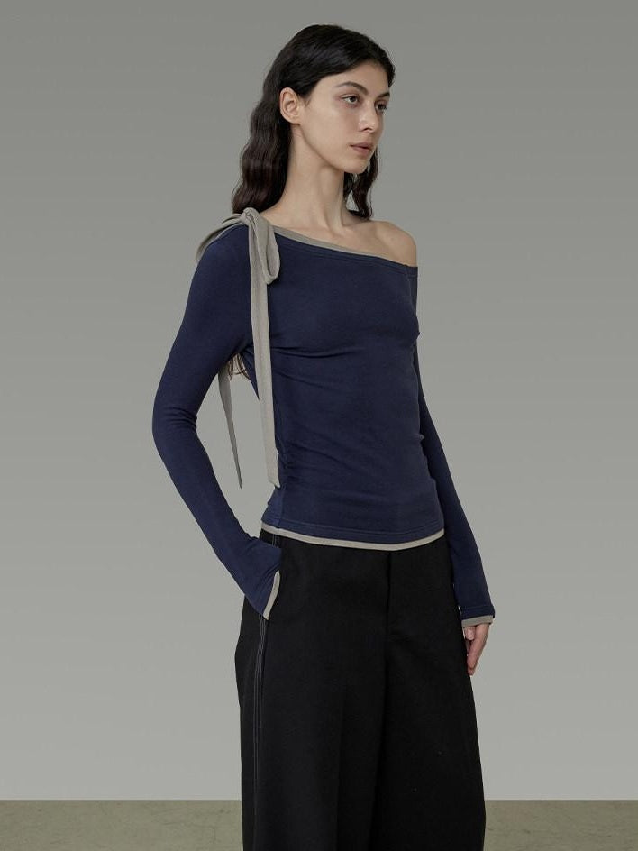 unspoken Tie Detail Slim Knit Pullover Asymmetrical Collar Office Viscose Blouses