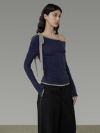 unspoken Tie Detail Slim Knit Pullover Asymmetrical Collar Office Viscose Blouses