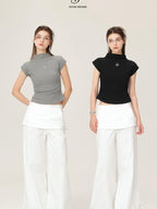 ikyou Wrinkle Free Minimalist Commuter Elastic Waist Natural Rise White Wide Leg Pants