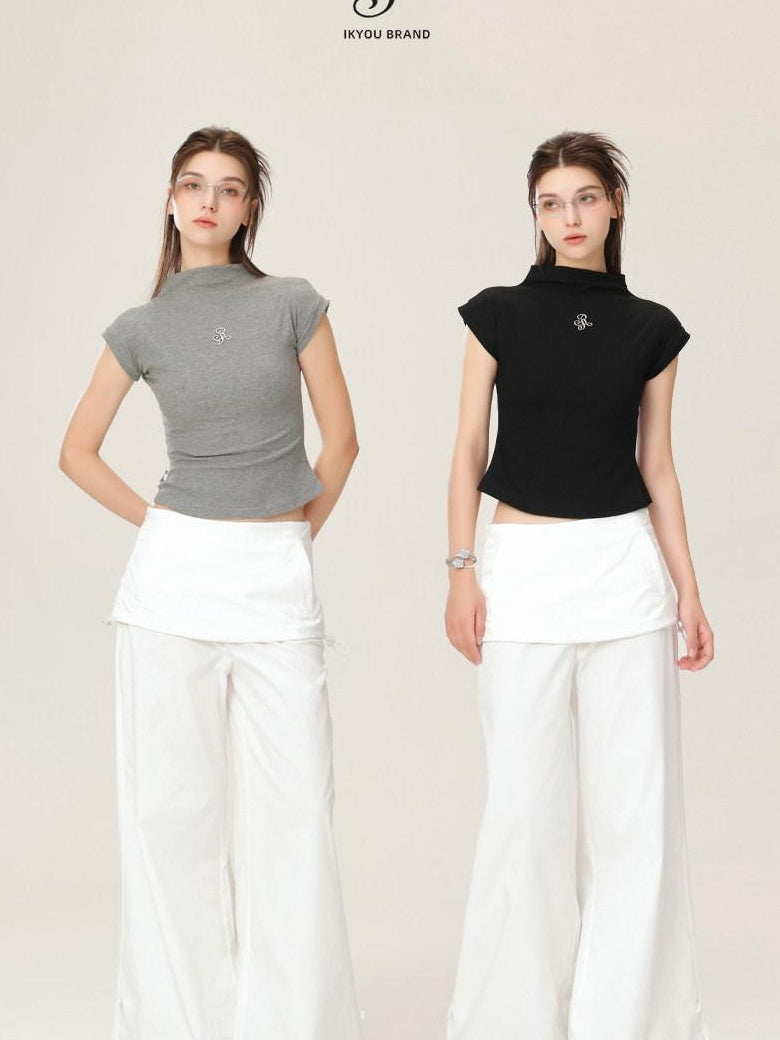 ikyou Wrinkle Free Minimalist Commuter Elastic Waist Natural Rise White Wide Leg Pants
