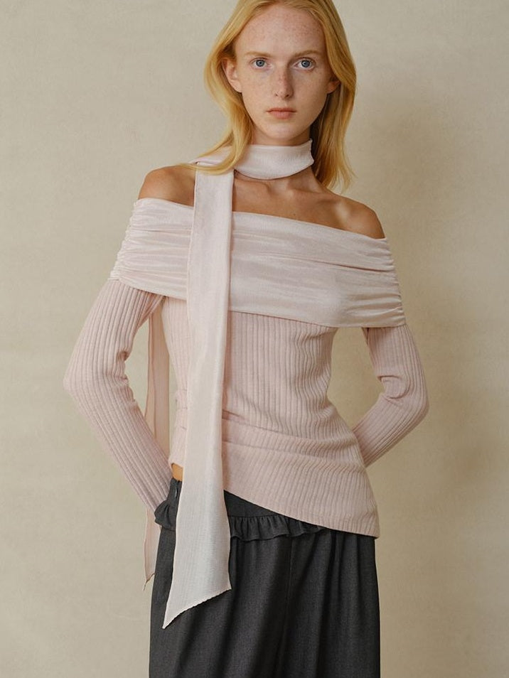 someonesometimes Cotton Blend Slim Fit Patchwork Knit Women Peach Pink Long Sleeve T-Shirts