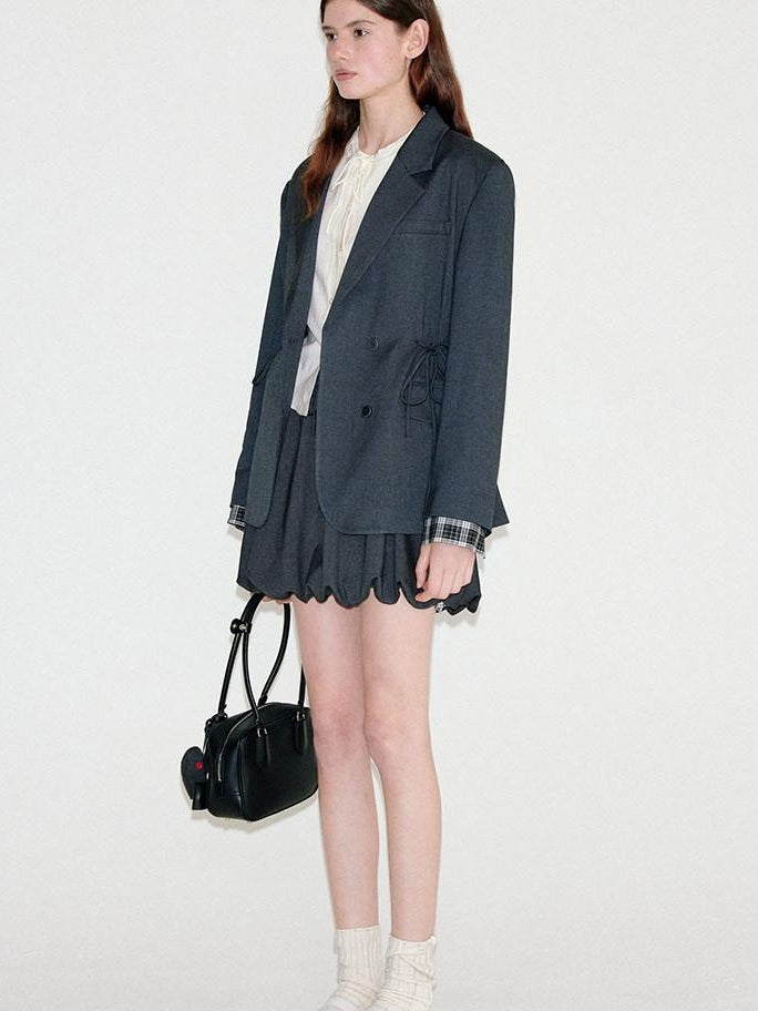 fano Deep Gray Solid Single Button Blazer Loose Fit Women Workwear Top & Skirt Sets