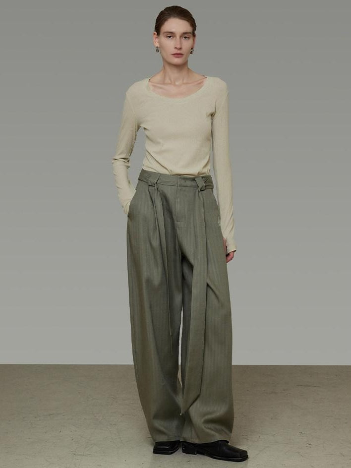unspoken Sexy High Waist Striped Drawstring Straight Hem Office Breathable Wide Leg Pants