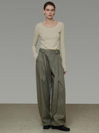 unspoken Sexy High Waist Striped Drawstring Straight Hem Office Breathable Wide Leg Pants