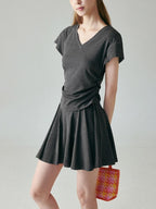 fano Chic V-neck Short Sleeve Two Piece Women Matching Set Top & Skirt Sets