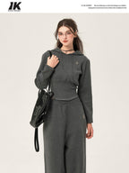 ikyou Ribbed Grey Cropped Hood Pullover Commuter Polyester Women Top & Pants Sets