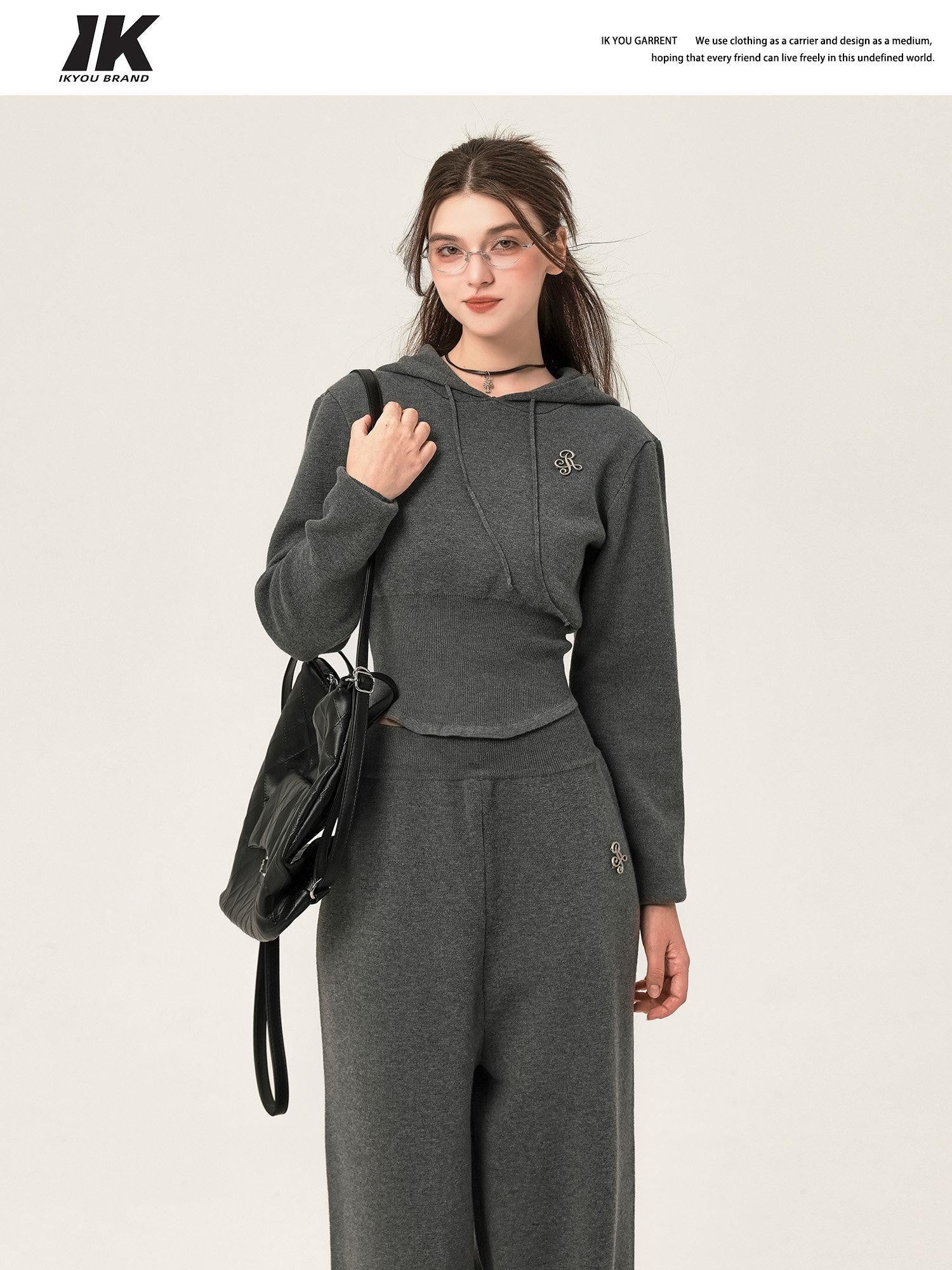 ikyou Ribbed Grey Cropped Hood Pullover Commuter Polyester Women Top & Pants Sets