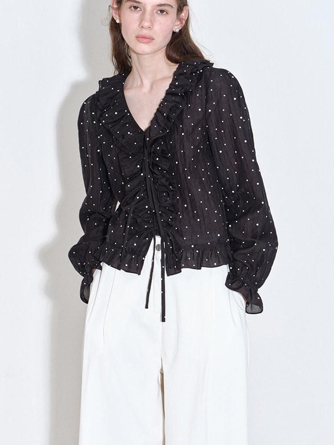fano Shape Retaining Lyocell Korean Slim Fit V-neck Long Sleeve Polka Dot Blouses