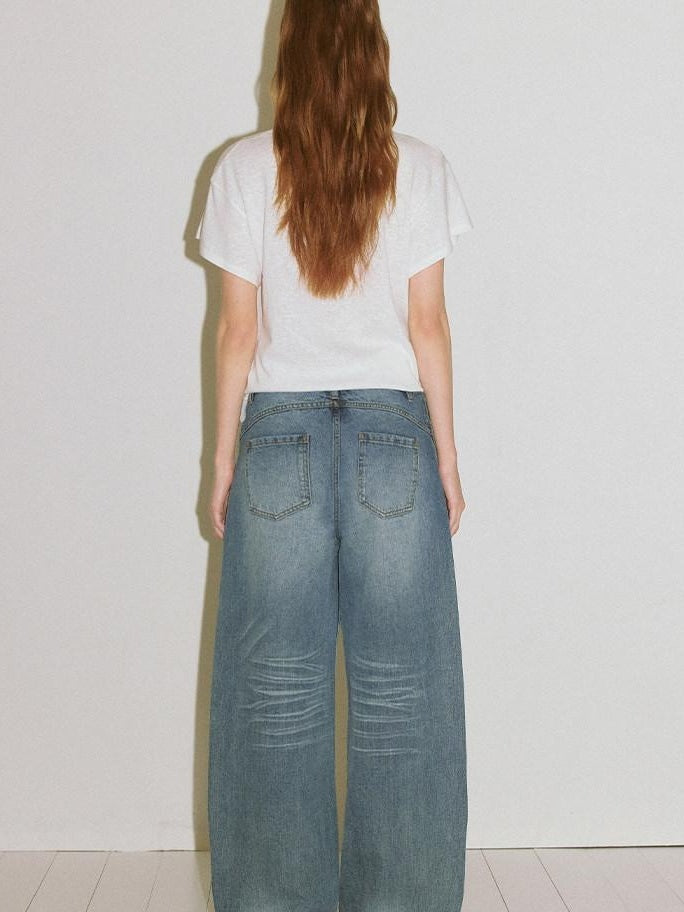 fano High Waist Wide Leg Zipper Fly Loose Light Blue Denim Straight Leg Jeans