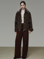 unspoken Faux Fur Collar Loose Fit Structured Tailored High Waist Women Brown Short Coat