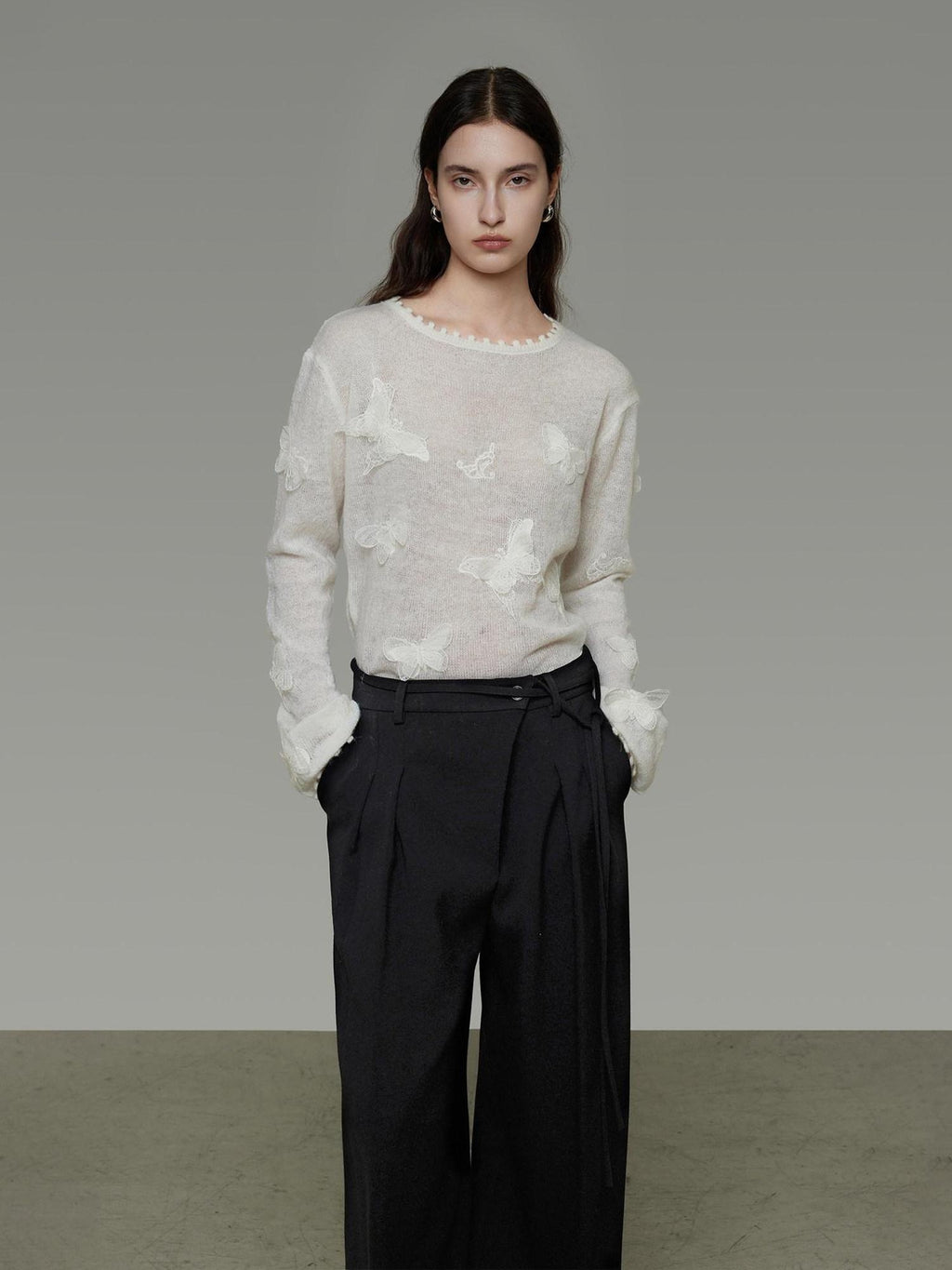 unspoken Breathable Knit Minimalist Relaxed Fit Butterfly Round Neck White Blouses