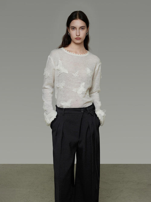 unspoken Breathable Knit Minimalist Relaxed Fit Butterfly Round Neck White Blouses