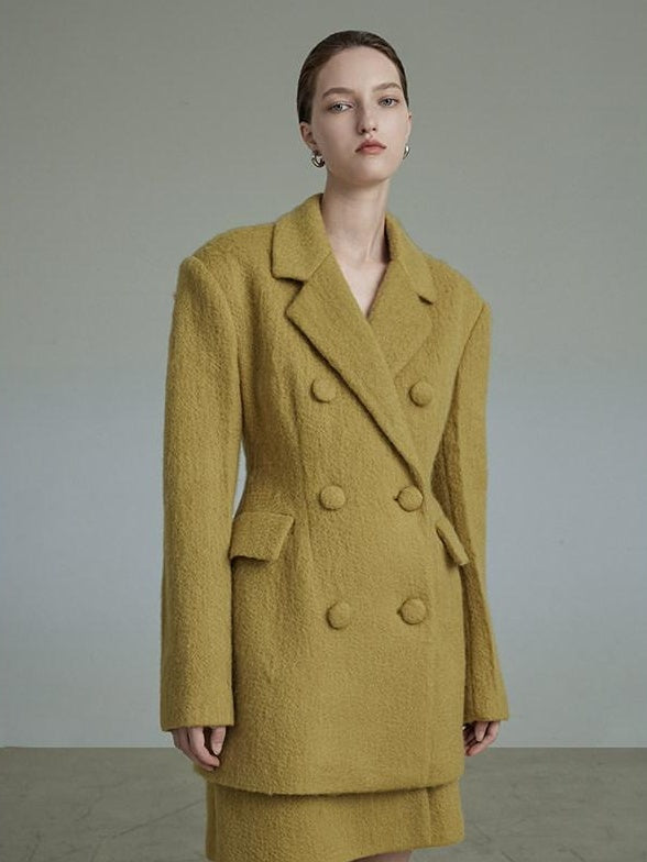 unspoken Soft Wool Double Breasted Tailored Straight Fit Mustard Yellow Blazers