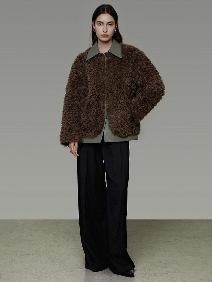 unspoken Warm Patchwork Lapel Loose Fit Minimalist Women Chestnut Short Coat