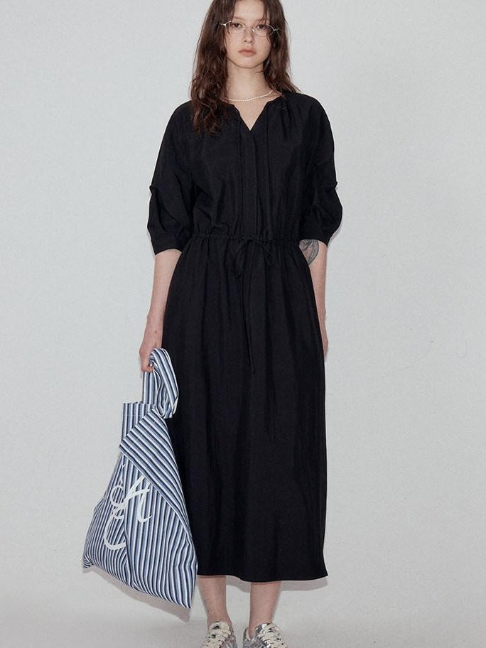 fano Flattering Tied Waist Workwear A Line V-neck Women Viscose Nylon Black Maxi Dresses