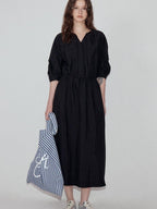 fano Flattering Tied Waist Workwear A Line V-neck Women Viscose Nylon Black Maxi Dresses