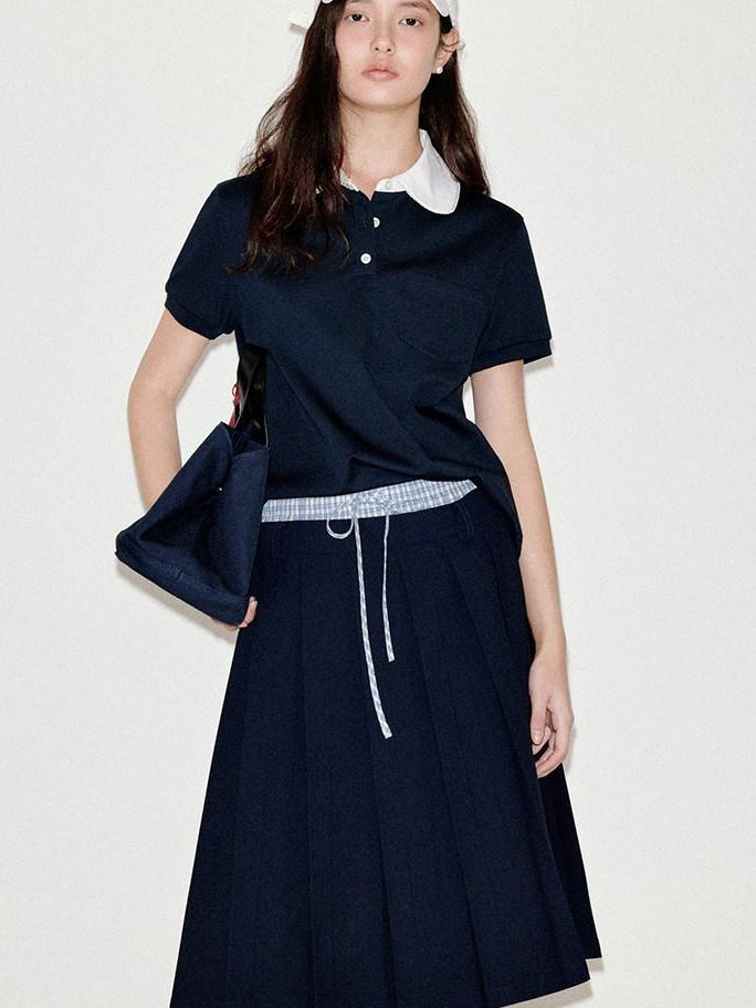 fano Classic Pleated Mid Waist Korean Office Navy Polyester Rayon Midi Skirts