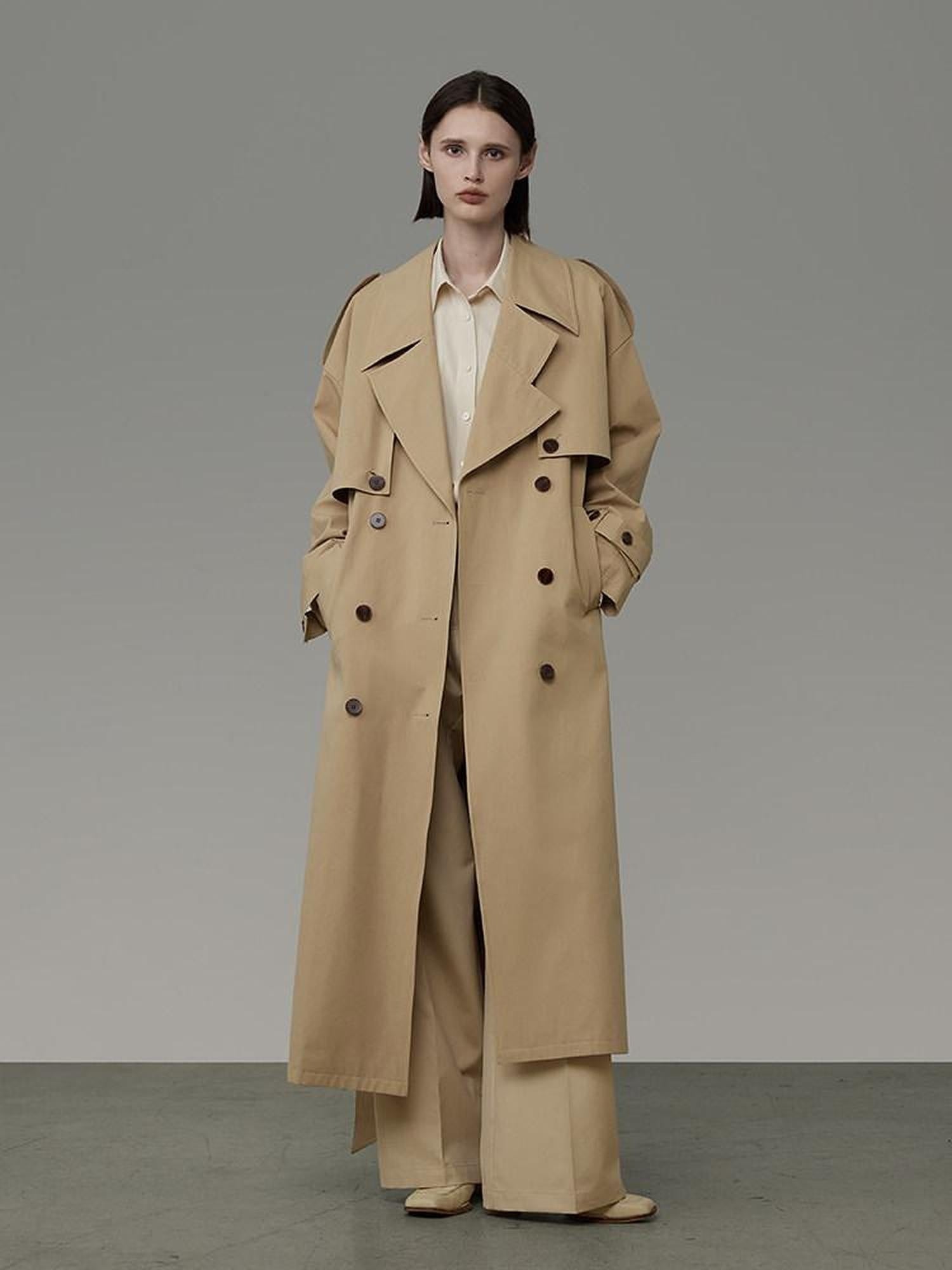unspoken Pure Cotton Double Breasted Long Straight Minimal Women Khaki Trench Coats