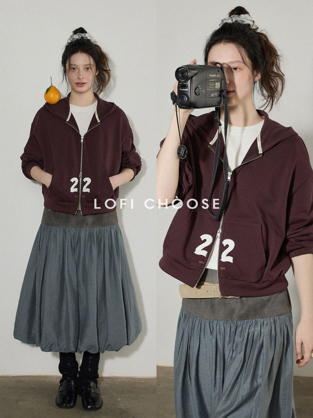 Lofi choose Hooded Zip Front Relaxed Fit Office Women Deep Purple Blue Cropped Jackets