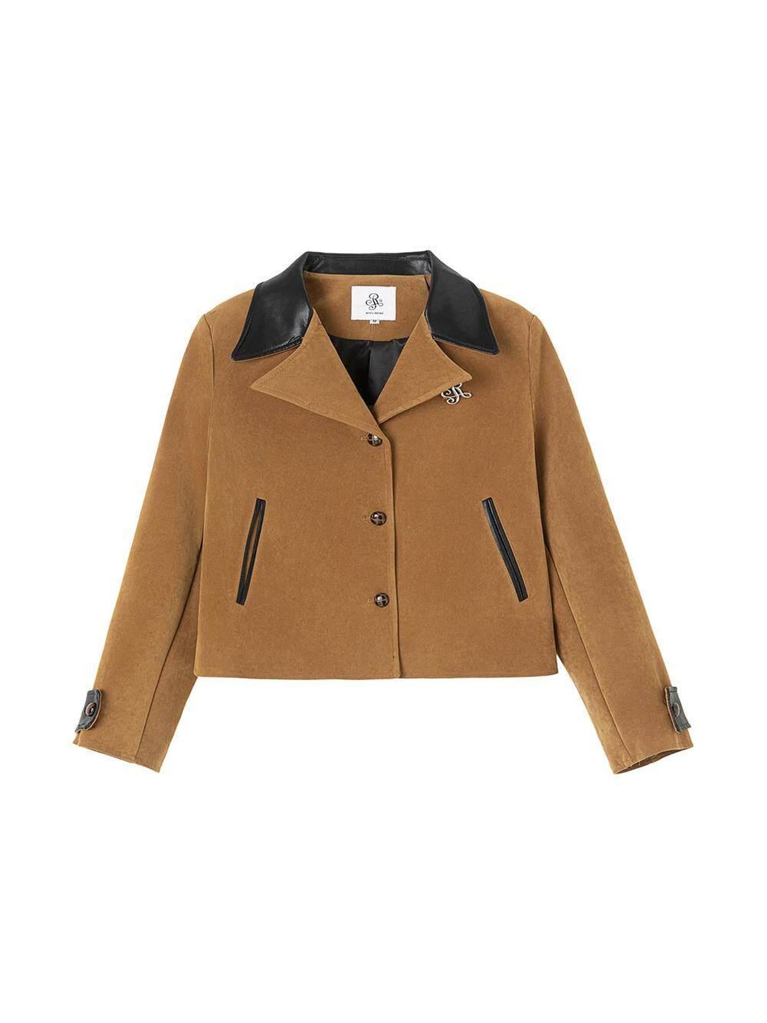 ikyou Non Iron 3D Embellished Straight Fit Commuter Notch Lapel Brown Cropped Jackets