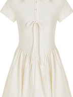 fano Stretch Short Sleeve Polo Cocoon Bubble Skirt Natural Waist Beige Midi Dresses