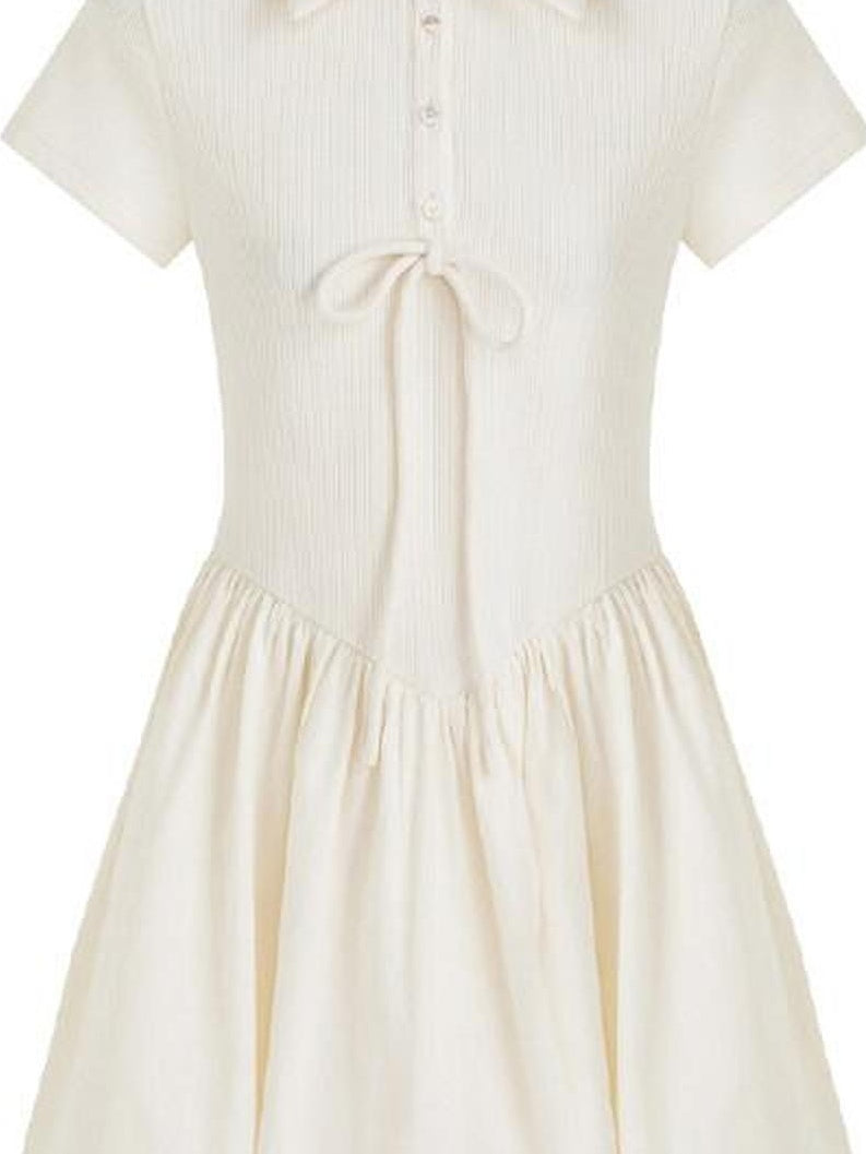 fano Stretch Short Sleeve Polo Cocoon Bubble Skirt Natural Waist Beige Midi Dresses