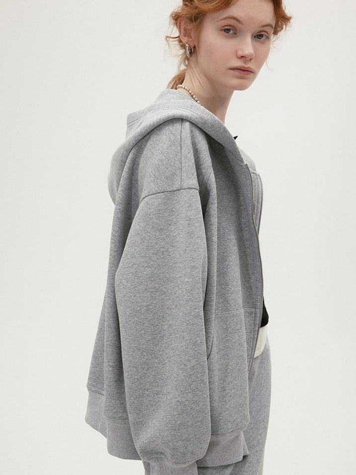 fano Hooded Zip Cotton Blend Loose Fit Minimalist Commuter Gray Top & Skirt Sets