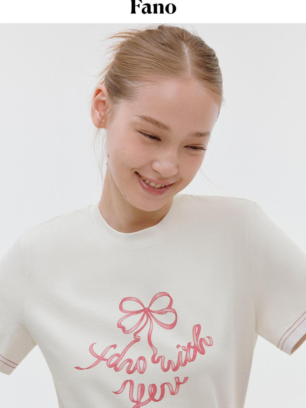 fano Butterfly Bow Print Cotton Blend Slim Korean Crew Neck Beige Basic Crop Tops