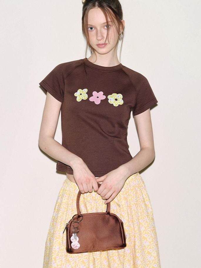 fano Slim Fit Cropped Round Neck Floral Print Ol Commuter Youth Short Sleeve T-Shirts