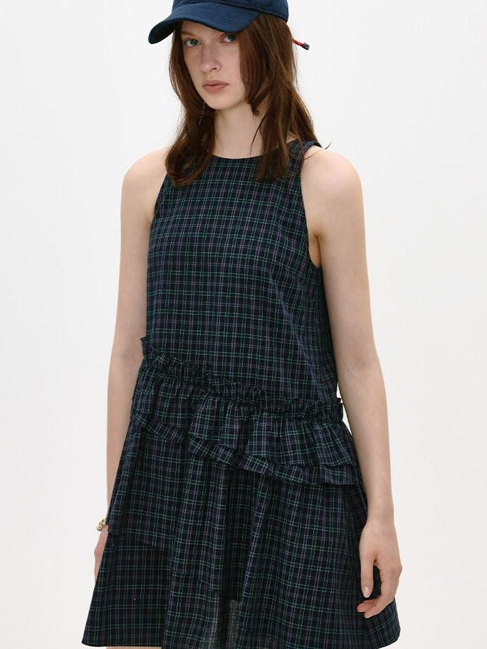 fano Cotton Sleeveless Korean Office A Line Plaid Natural Waist Midi Dresses
