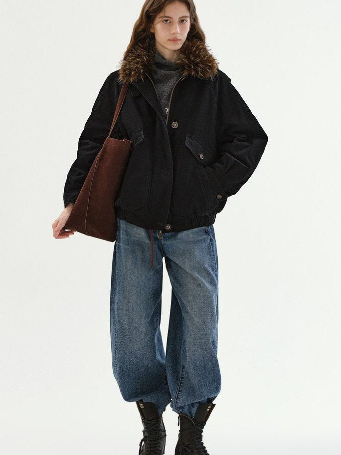 fano Warm 90% White Duck Down Fur Collar Loose High Waist Minimal Black Down Jackets