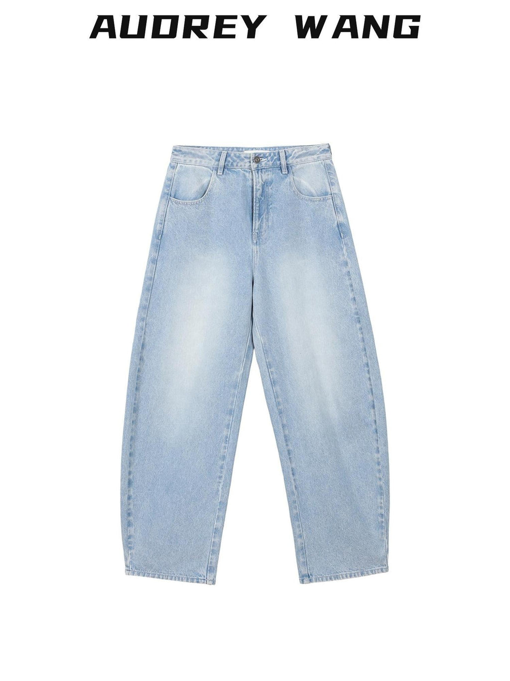 audreyyang High Waist Water Washed Light Blue Zipper Fly No Stretch Women Wide Leg Jeans