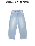 audreyyang High Waist Water Washed Light Blue Zipper Fly No Stretch Women Wide Leg Jeans