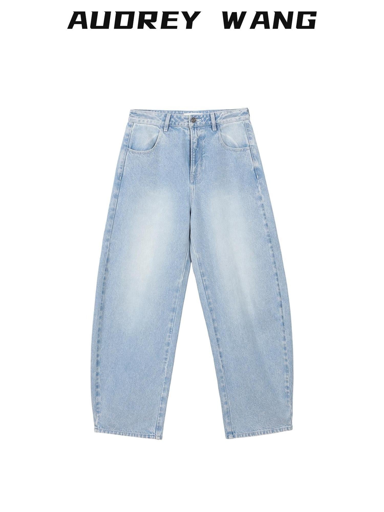 audreyyang High Waist Water Washed Light Blue Zipper Fly No Stretch Women Wide Leg Jeans