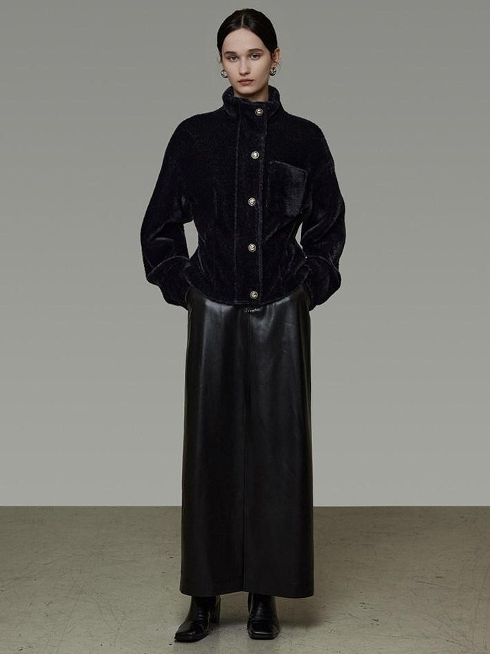 unspoken High Waist Textured H Line Straight Minimalist Workwear Black Midi Skirts