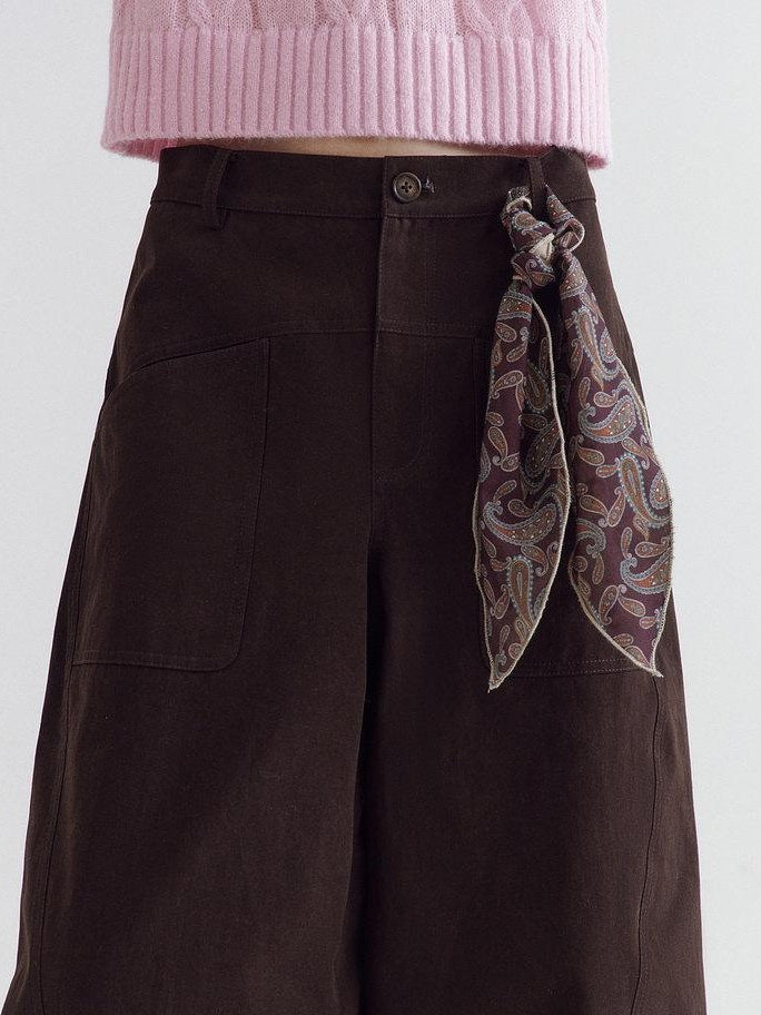 fano High Waist Cotton Warm Minimal Commuter Pocket Button Women Brown Wide Leg Pants