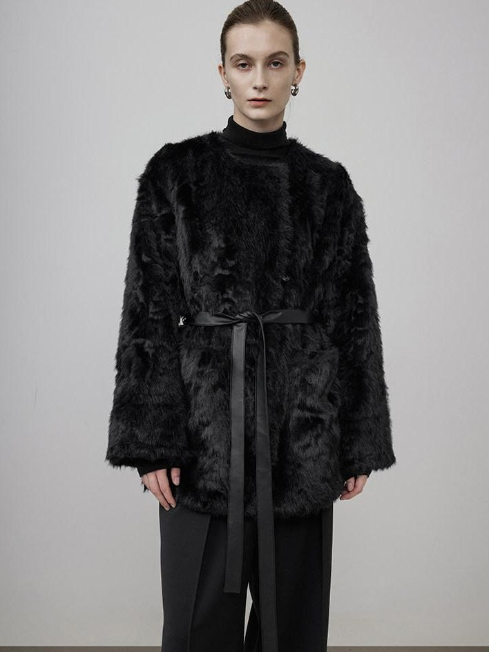 unspoken Faux Fur Lined Minimal Oversized Womens Black Round Neck Long Sleeve Short Coat