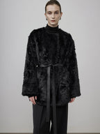 unspoken Faux Fur Lined Minimal Oversized Womens Black Round Neck Long Sleeve Short Coat