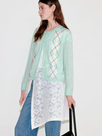 fano Warm Wool Blend Diamond Loose Fit Commuter Round Neck Mint Cardigans