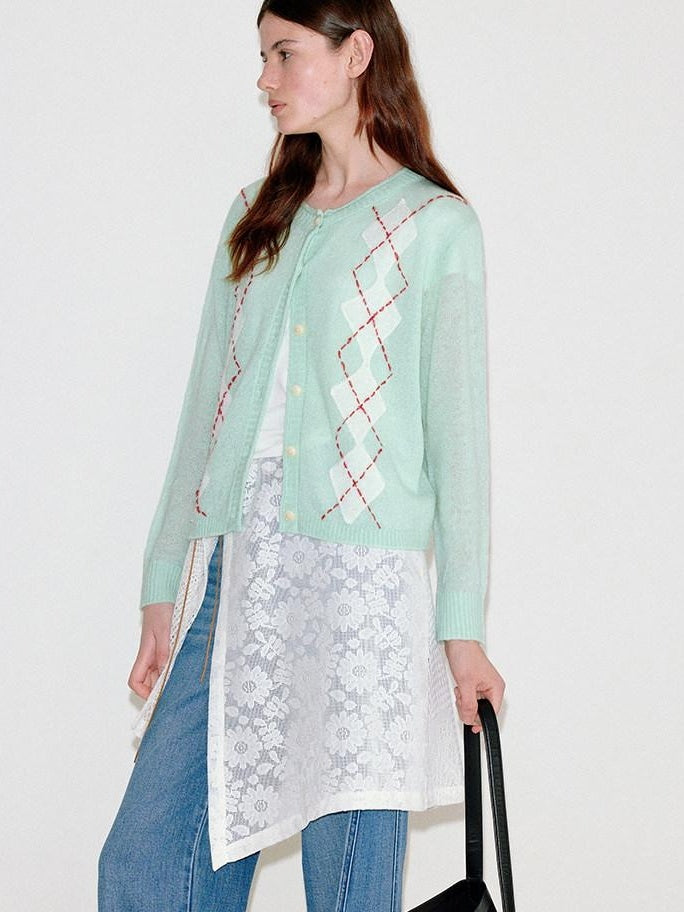 fano Warm Wool Blend Diamond Loose Fit Commuter Round Neck Mint Cardigans