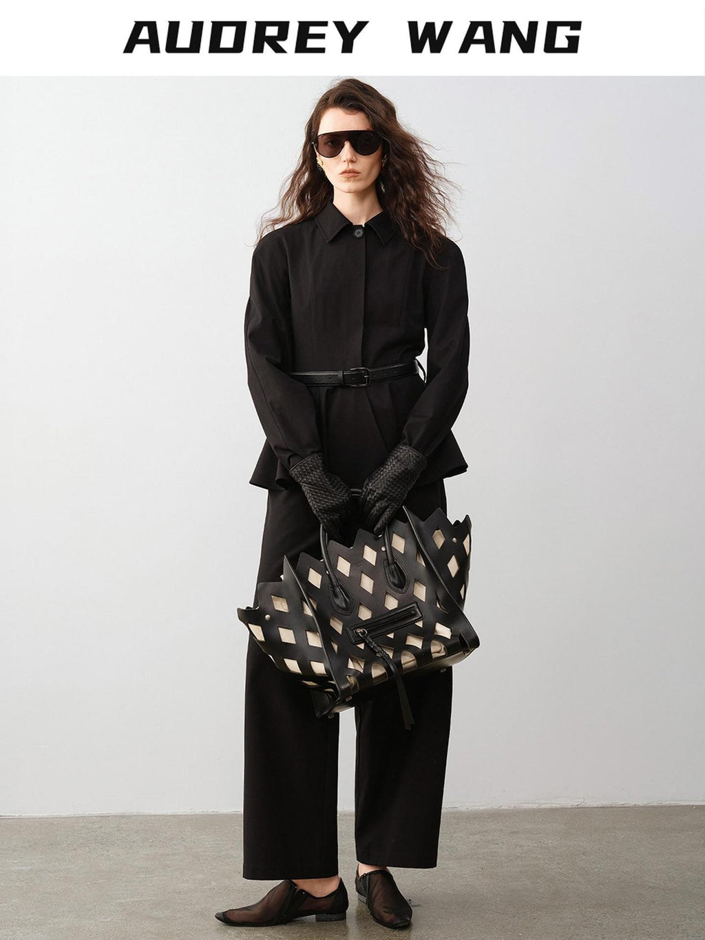 audreyyang Waist Slimming Casual Cropped Lapel Long Sleeve Black Polyester Top & Pants Sets