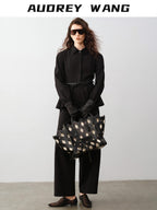 audreyyang Waist Slimming Casual Cropped Lapel Long Sleeve Black Polyester Top & Pants Sets