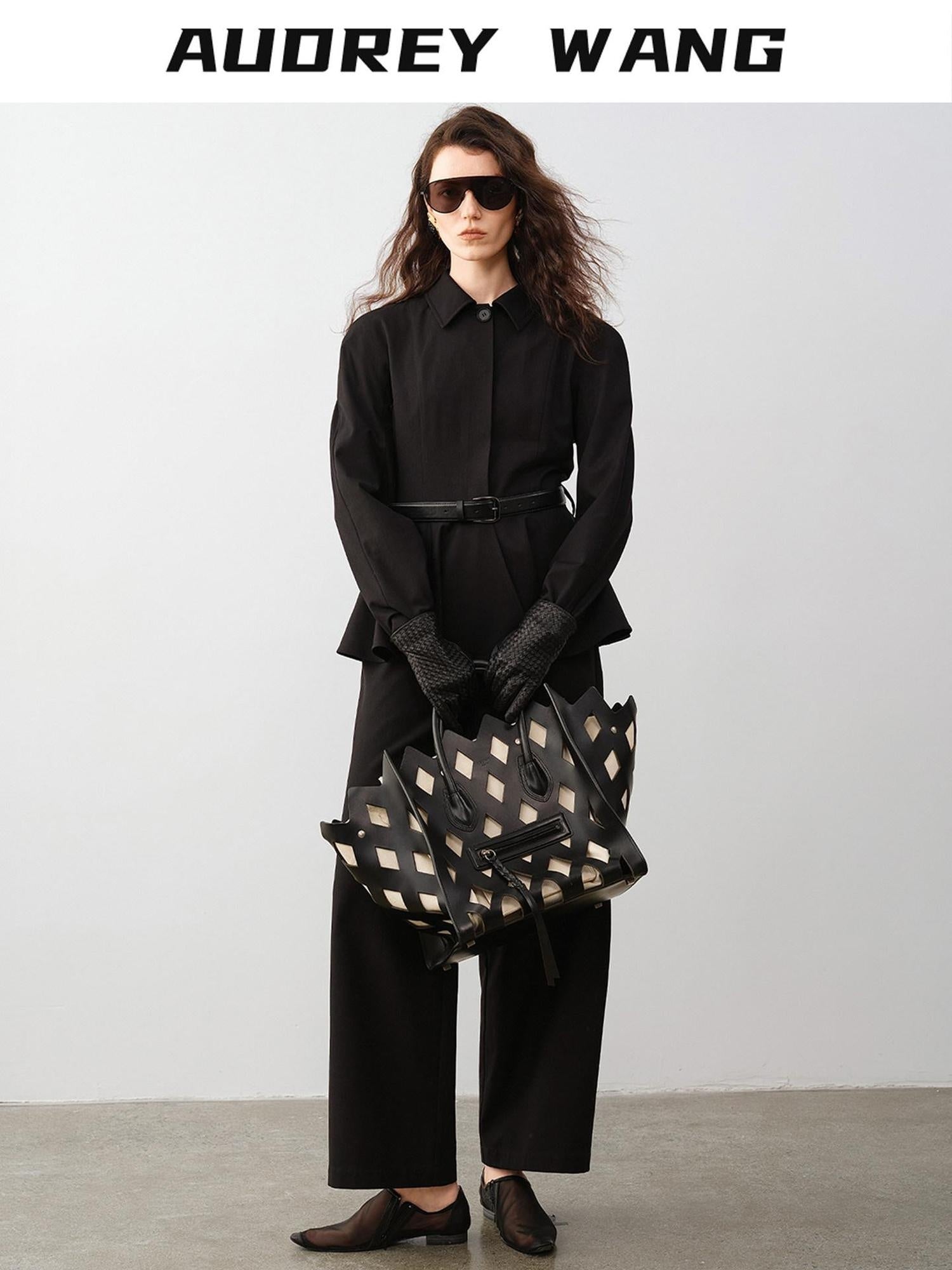 audreyyang Waist Slimming Casual Cropped Lapel Long Sleeve Black Polyester Top & Pants Sets
